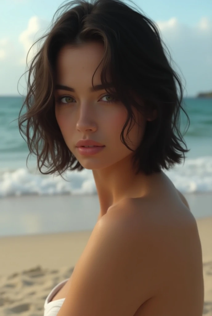 (Masterpiece.uhd.oil paint) medium full shot.. Ultra hot gorgeous latina woman. Age 18, short messy hair. Scenery. small breasts Cleavage.