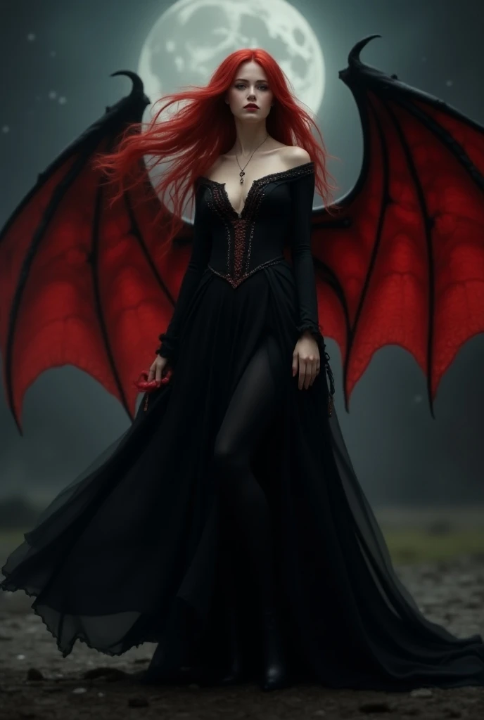 A hyper realistic, photo real, a beautiful korean girl, red lazer eyes, red long wavy hair, messy windy hair, front view, flying in the air in the dark forest, wearing black mini nightgown, bare feet, transparent dress, low cut, open wide arms, she has big black demon wings on her back, detailed wings feather, blured background, some ray of light from the tree behind, orange red backlighting, dramatic lighting, some fire and smoke flying surround it, very dark forest, dark fantasy concept, front view, sharp eyes to the viewer, angry face, she has red sharp nails on her fingers, red lips