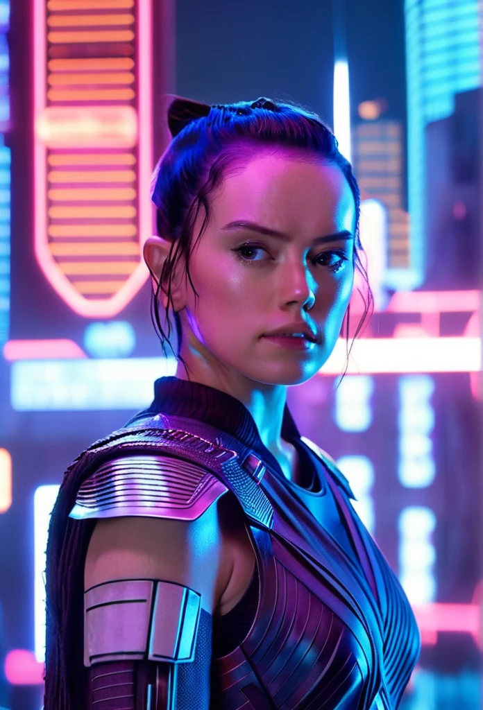 Daisy Ridley With a combed-back Pixie haircut style, Very short haircut, as a Futuristic female warrior,  standing confidently in a neon-lit, dystopian sci-fi cityscape at night. She is wearing high-tech, sleek armor with glowing accents, blending elements of cyberpunk and space-age design.  The city in the background is filled with towering skyscrapers, floating holograms, and flying vehicles, all bathed in hues of blue and purple light. Her expression is determined, with short, windswept hair and piercing eyes that reflect the futuristic environment around her. High detail, cinematic lighting, ultra-realistic textures, 8K resolution."