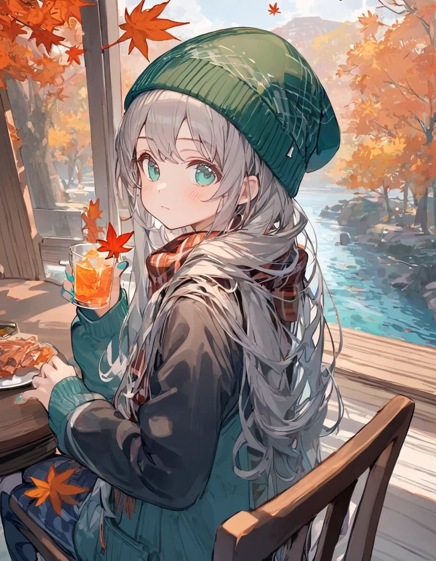 masterpiece,best quality,high quality,(colorful),loli,1girl,cup,solo,holding,looking at viewer,autumn,plaid headwear,holding cup,autumn leaves,green eyes,hat,nail polish,closed mouth,long sleeves,blush,fish,sweater,indoors,pom pom \(clothes\),plaid,looking back,sitting,green nails,drinking glass,green headwear,upper body,aqua nails,long hair,window,tree,food,grey hair,maple leaf,table,chair,day,blue nails,beanie,blonde hair,water,aqua eyes,plaid scarf,Dsmile