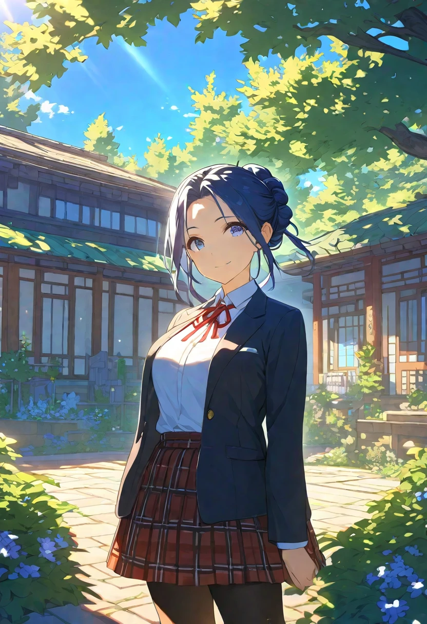 Nsfw, Masterpiece, hdr, bloom, 4k, Anime-style illustration featuring a beautiful female student with dark blue hair, the onee san hairstyle, 17age, Small in stature, large breast, She is wearing a formal school uniform consisting of a black blazer, white shirt, red neck ribbon, red plaid skirt, and black pantyhose. The student stands gracefully. The background is a serene school courtyard during a sunny day, with trees, a blue sky, and soft sunlight filtering through, creating a peaceful and bright atmosphere. The style is detailed and vibrant, evoking a classic anime scene, cowboy shot, looking at viewer, smiling 