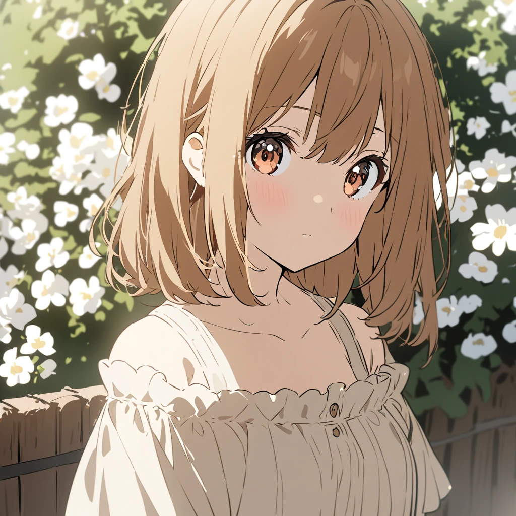 an anime girl with long brown hair and a soft, sweet expression. She is wearing a light brown off-the-shoulder top and is standing in a garden. The background is blurred and contains white flowers and a wooden fence. The girl is looking at the viewer, and the overall tone of the image is gentle and peaceful