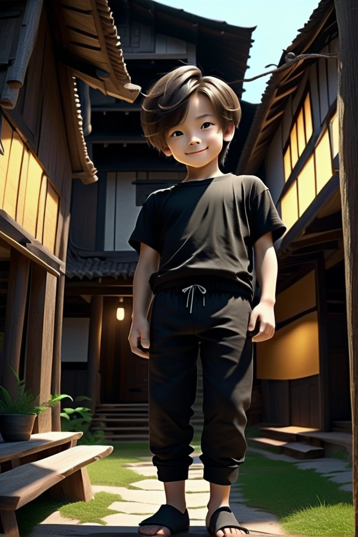 Boy standing alone in a wooden village , Her hair is short, Wear a t-shirt and black box pants , 
whole body,  viewers from below, smile,
 soft lighting and detailed surroundings 、 to create an immersive environment where your imagination wafts free,
 Hyper Details , HIGH DEFINITION VISUAL , dim lighting, Ultra-realistic,   Clearly Focused  , octane render,  8K HD Streaming