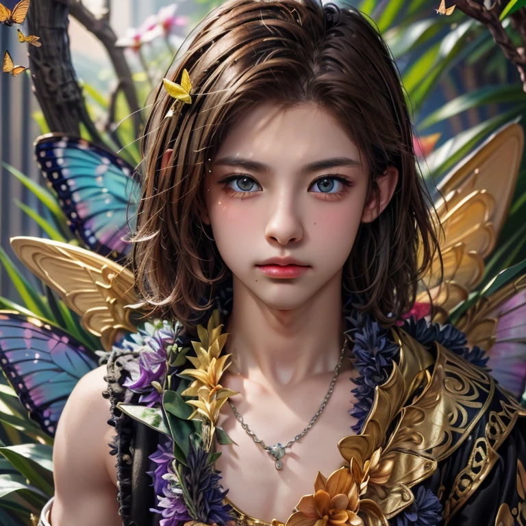  a masterpiece of the highest quality ,  official art , beautiful, aesthetic,  1 boy ,  very detailed ,  fractal art ,Colorful Aloha 、 most detailed ,  background with fractals and details of various flowers and tropical butterflies、