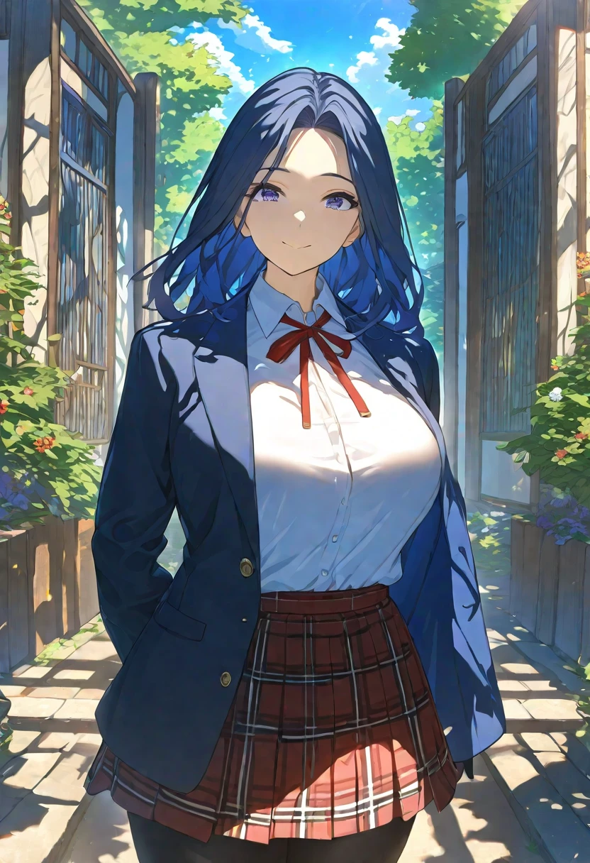 Nsfw, Masterpiece, hdr, bloom, 4k, Anime-style illustration featuring a beautiful female student with dark blue hair, the onee san, 17age, Small in stature, large breast, She is wearing a formal school uniform consisting of a black blazer, white shirt, red neck ribbon, red plaid skirt, and black pantyhose. The student stands gracefully. The background is a serene school courtyard during a sunny day, with trees, a blue sky, and soft sunlight filtering through, creating a peaceful and bright atmosphere. The style is detailed and vibrant, evoking a classic anime scene, cowboy shot, looking at viewer, smiling 