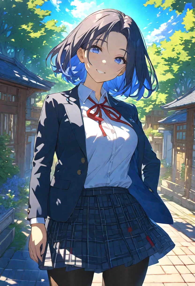 Nsfw, Masterpiece, hdr, bloom, 4k, Anime-style illustration featuring a beautiful female student with dark blue short hair, the onee san, 17age, Small in stature, large breast, She is wearing a formal school uniform consisting of a black blazer, white shirt, red neck ribbon, red plaid skirt, and black pantyhose. The student stands gracefully. The background is a serene school courtyard during a sunny day, with trees, a blue sky, and soft sunlight filtering through, creating a peaceful and bright atmosphere. The style is detailed and vibrant, evoking a classic anime scene, cowboy shot, looking at viewer, smiling 