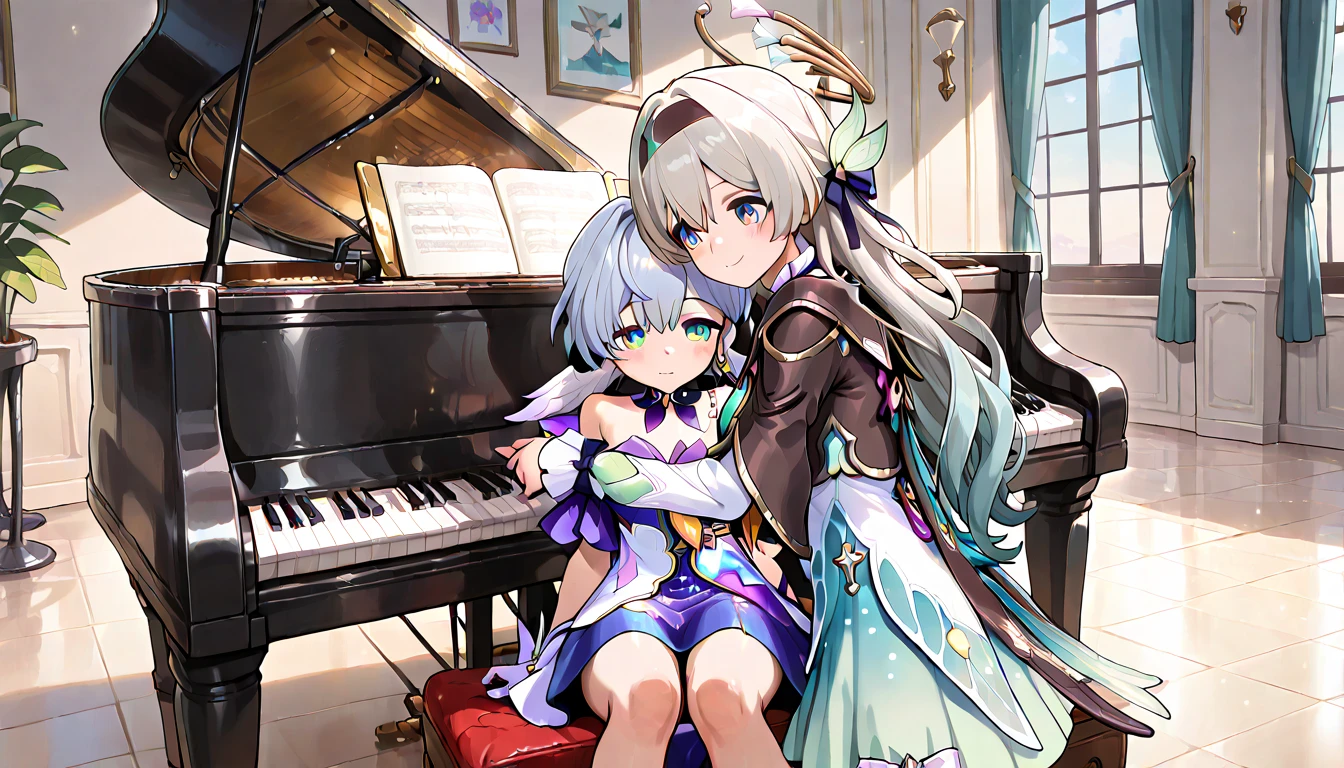 ((top quality)),((masterpiece)),((perfect face)),(ultra-detailed),ultra high res, 8k, 2girls, firefly (honkai: star rail), robin (honkai: star rail), music studio, piano, hugging, white hair,  exquisite, (very aesthetic:1.2), (absurdres:1.2), (detailed background),newest, perfect anatomy,