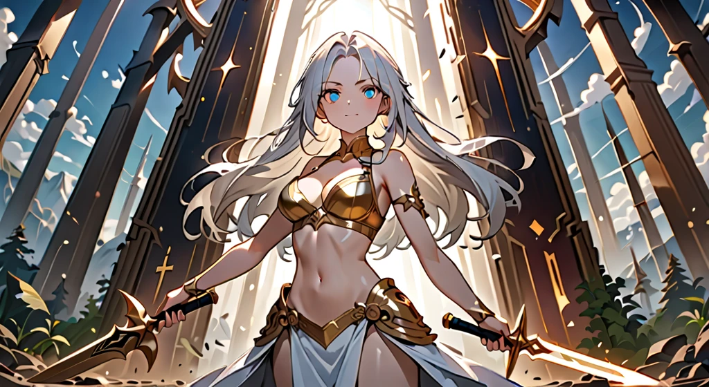 girl,armor, bare breasts, pelvic curtain, groin,((flat chest)),slender,long hair,(li),white hair,(((helmet))), Colosseum, standing spread legs,