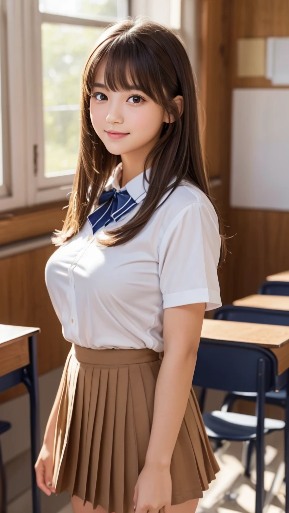 product quality, cowboy shot, front view, a Japanese young pretty woman, sitting on a desk in the classroom with a big smile, glamorous figure, wearing a short sleeves white collared silky shirt with shiny red satin plain bow tie, wearing a dark blue pleated long skirt, hyper cute face, glossy lips, double eyelids in both eyes, natural makeup, long eyelashes, shiny smooth light brown hair of medium length, asymmetrical bangs, tanned skin, in the classroom, central image, 8K resolution, high detail, detailed hairstyle, detailed face, spectacular cinematic lighting, octane rendering, vibrant, hyper realistic, perfect limbs, perfect anatomy