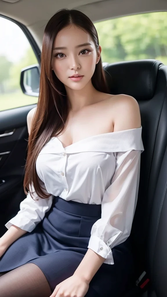 top-quality,ultra-detailliert,​masterpiece,realisitic,Photo Real,Bright lighting,1 girl in, Very beautiful 28 year old woman, (kawaii:1.2),Thin smile, Beautiful short brown hair、Erection Agig Breast、(Brown eyes),(brown haired),(bangss),perfect glossy skin,flawless skin,((erotick,Sexy and sexually explicit)),((accurate hands without incongruity)),big breasts thin waist, Beautiful large breast、 Look at viewers,(),((Tight white button shirt)),(Black tight mini skirt),(((skirt lift by yourself))),(lifted by self),(Showing white panties),panties on,panties focus,((Sit up,spread legswide)), sockes, (high-heels), during daytime,On the train,Horizontal long seat with your back to the window、beautiful thigh。