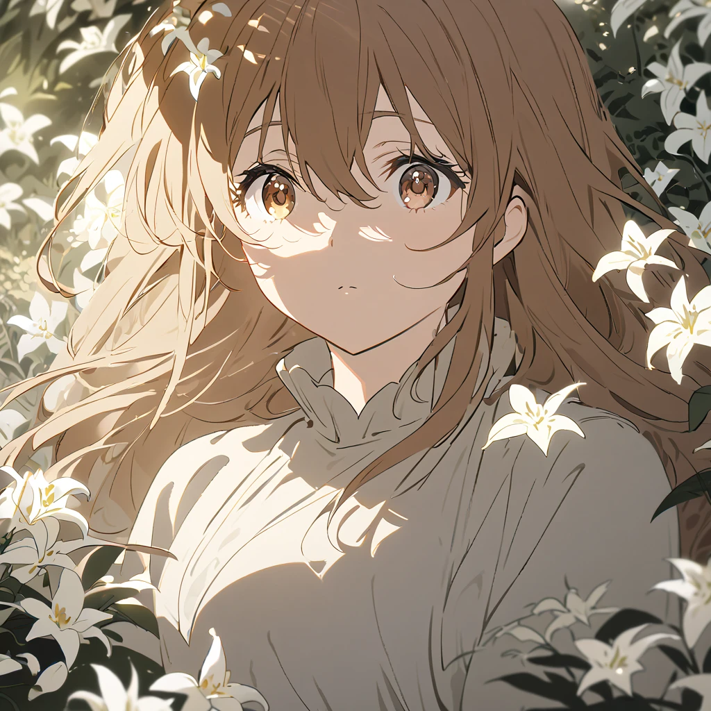 a beautiful image of an anime girl with long brown hair. She has large, expressive eyes and delicate features. She is wearing a simple gray top, and her hair is flowing around her shoulders. The image is set in a garden, with white lilies blooming in the foreground. The lighting is soft and warm, and the overall mood is one of peace and tranquility