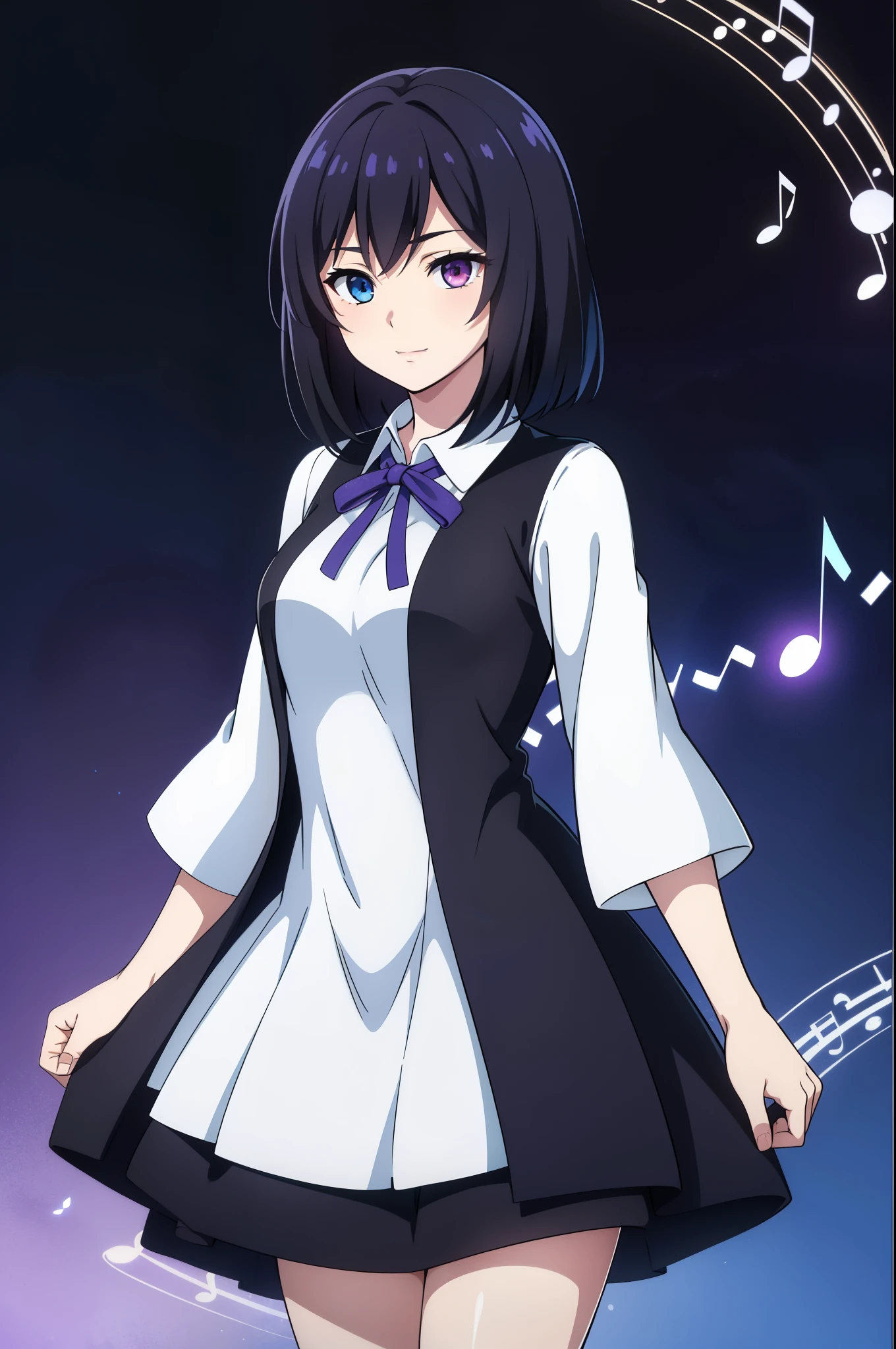 (high-quality, breathtaking),(expressive eyes, perfect face) 1female, girl , solo, teenager, asian woman hairstyle, short hair length, soft wave, black hair color, Heterochromia left eye blue and right eye purple, short white dress, black long sleeved cardigan, blue and purple background, music, gentle smile, swirls in background, music notes background, beautiful background, clothes similar to Yuri Kozukata Fatal Frame, symmetrical eyes, 
