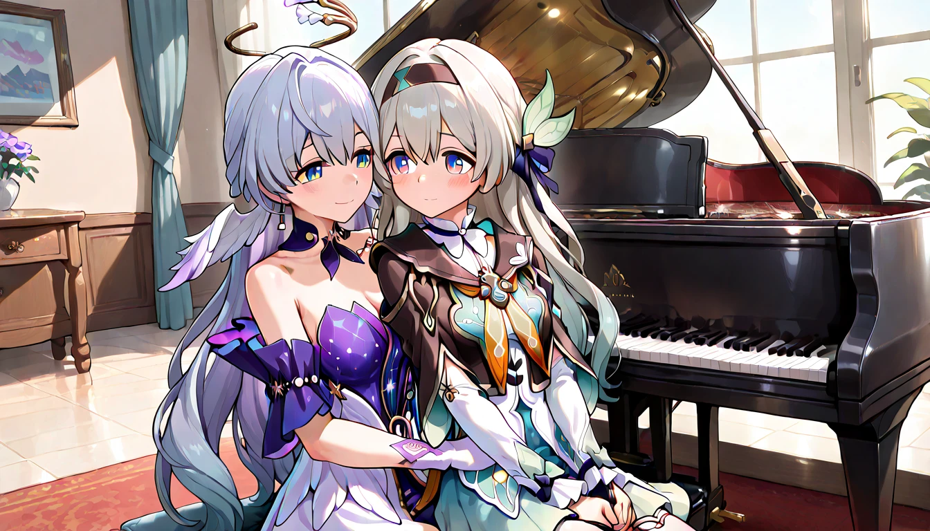 ((top quality)),((masterpiece)),((perfect face)),(ultra-detailed),ultra high res, 8k, 2girls, firefly (honkai: star rail), robin (honkai: star rail), music studio, piano, hugging, white hair,  exquisite, (very aesthetic:1.2), (absurdres:1.2), (detailed background),newest, perfect anatomy,