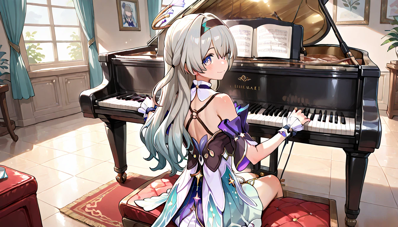 ((top quality)),((masterpiece)),((perfect face)),(ultra-detailed),ultra high res, 8k, 2girls, firefly (honkai: star rail), robin (honkai: star rail), music studio, piano, hugging, white hair,  exquisite, (very aesthetic:1.2), (absurdres:1.2), (detailed background),newest, perfect anatomy,