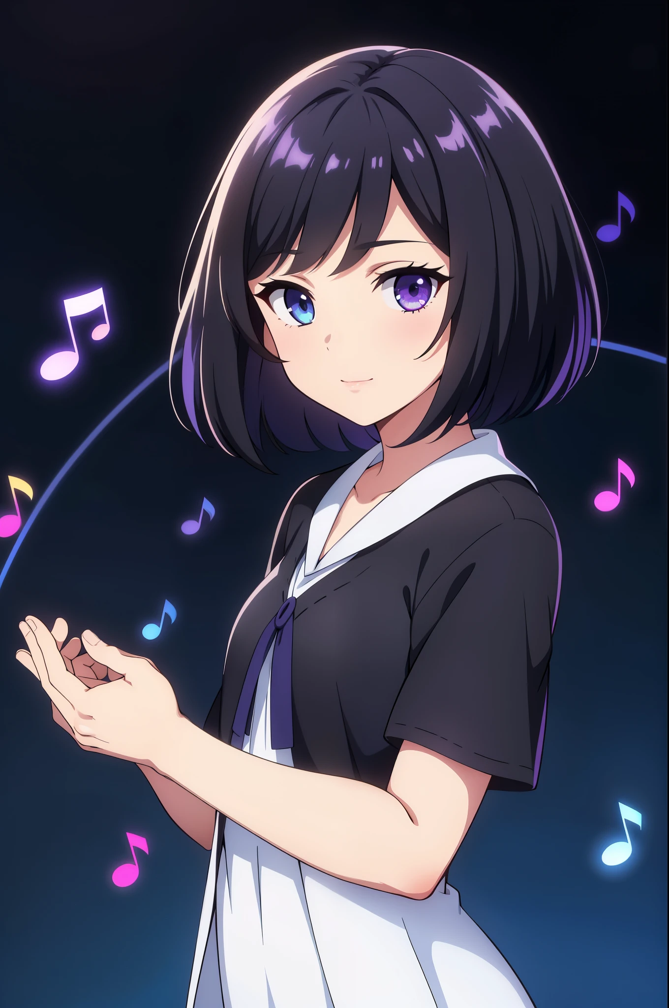 (high-quality, breathtaking),(expressive eyes, perfect face) 1female, girl , solo, teenager, asian woman hairstyle, short hair length, soft wave, black hair color, Heterochromia left eye blue and right eye purple, short white dress, black long sleeved cardigan, blue and purple background, music, gentle smile, swirls in background, music notes background, beautiful background, symmetrical eyes
