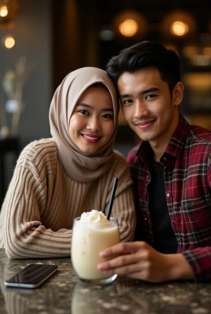 araffe couple sitting at a table with coffee cups, lovely couple, couple, romantic couple, couple pose, fanart, couple portrait, happy couple, wearing a scarlet hoodie, portrait shot, smiling couple, attractive girl, cute woman, high quality portrait, potrait, couples portrait, wearing a red hoodie, profile pic, ruan jia and brom, handsome man