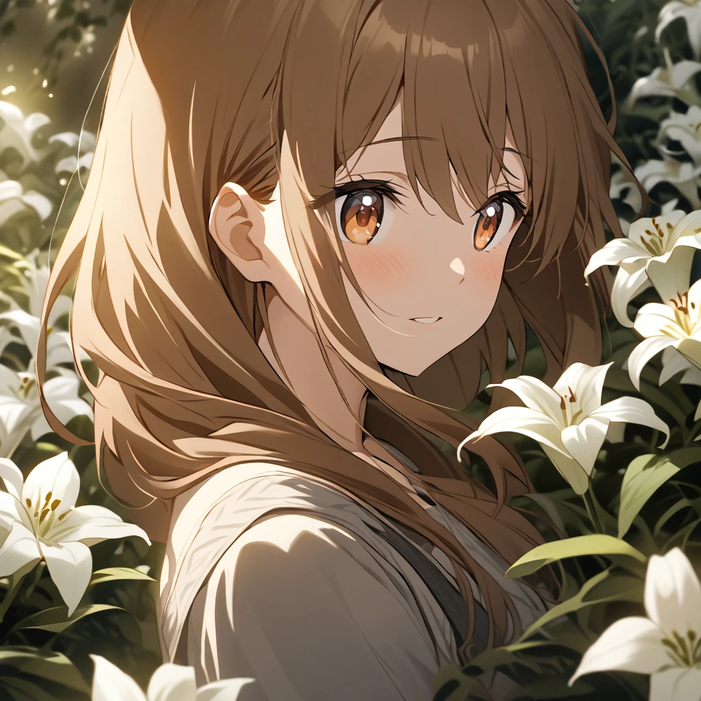 a beautiful image of an anime girl with long brown hair. She has large, expressive eyes and delicate features. She is wearing a simple gray top, and her hair is flowing around her shoulders. The image is set in a garden, with white lilies blooming in the foreground. The lighting is soft and warm, and the overall mood is one of peace and tranquility