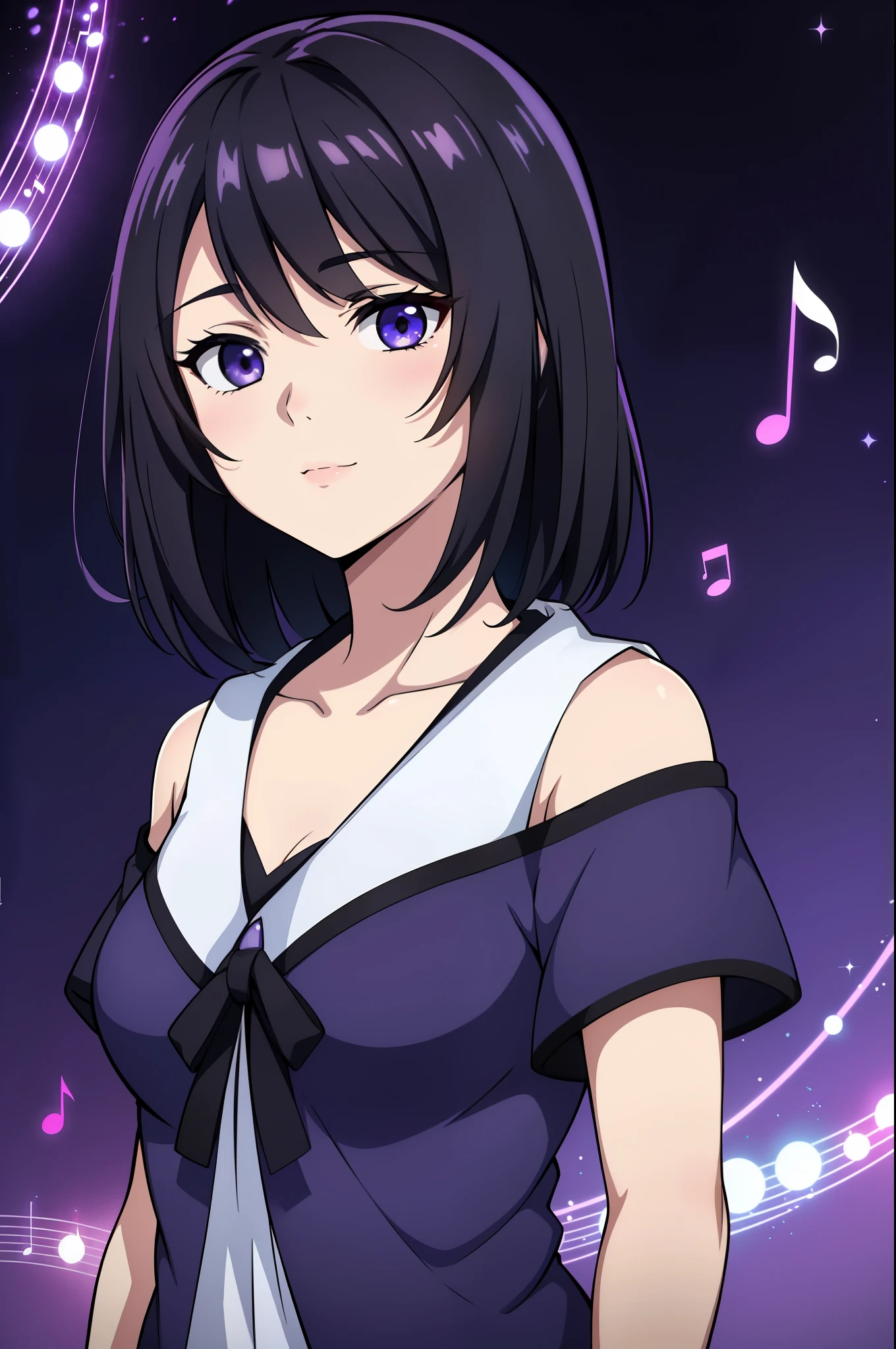 (high-quality, breathtaking),(expressive eyes, perfect face) 1female, girl , solo, teenager, asian woman hairstyle, short hair length, soft wave, black hair color, Heterochromia left eye blue and right eye purple, black and white clothes, blue and purple background, music, gentle smile, swirls in background, music notes background, beautiful background, clothes similar to Yuri Kozukata Fatal Frame, symmetrical eyes
