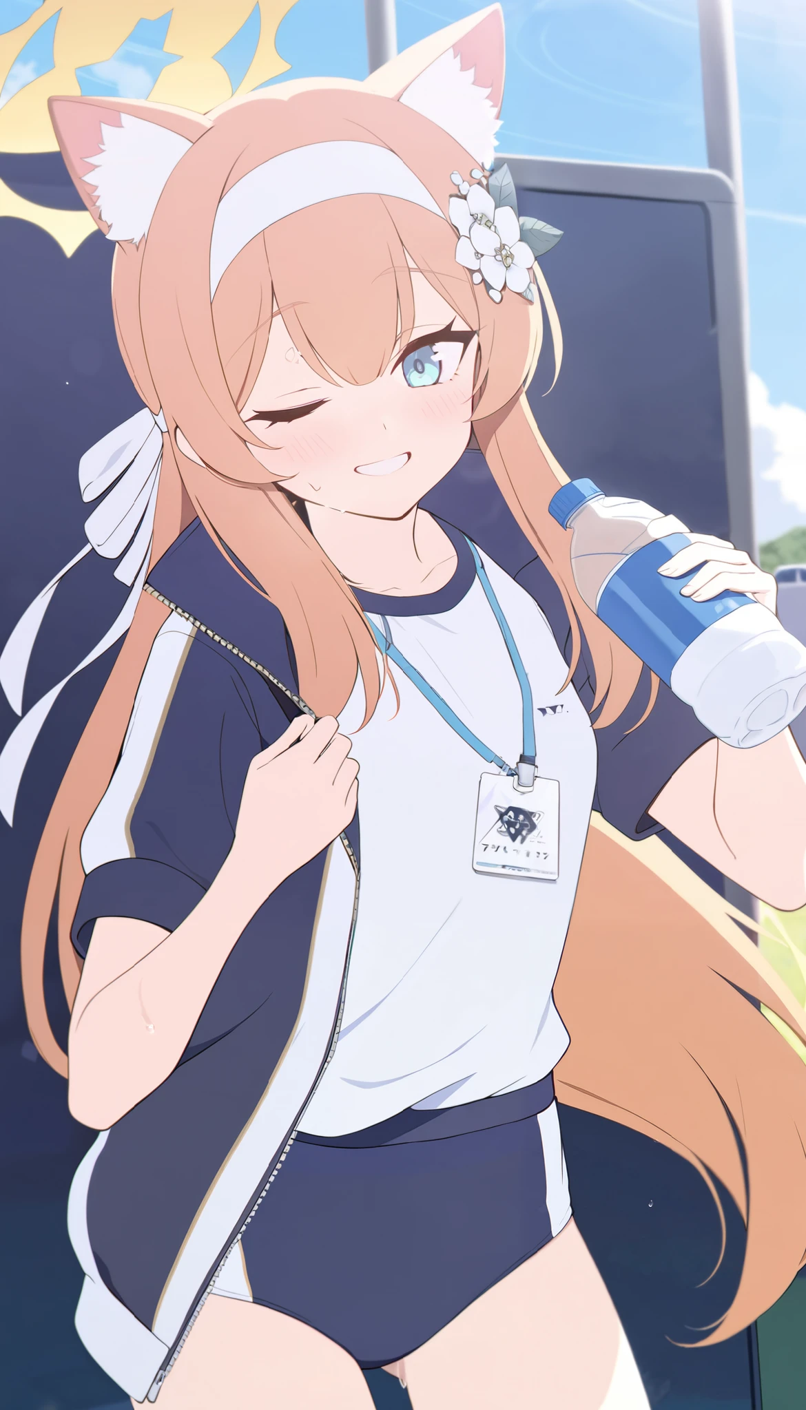 1girl, mari (blue archive), mari (track) (blue archive), blue archive, mari iochi, long hair, blue eyes, animal ears, orange hair, halo, yellow halo, animal ear fluff, animal ears, blue eyes, blue sky, blush, bottle, bottle to cheek, cat ears, cowboy shot, flower, gym shirt, gym shorts, gym uniform, hair flower, hair ornament, halo, headband, holding, holding bottle, ID card, jacket, lanyard, leaning, long hair, looking at viewer, official alternate costume, one eye closed, open clothes, open jacket, orange hair, outdoors, shirt, buruma, shorts, sky, smile, solo, sweat, thighs, track jacket, water bottle, white headband, white shirt, yellow halo