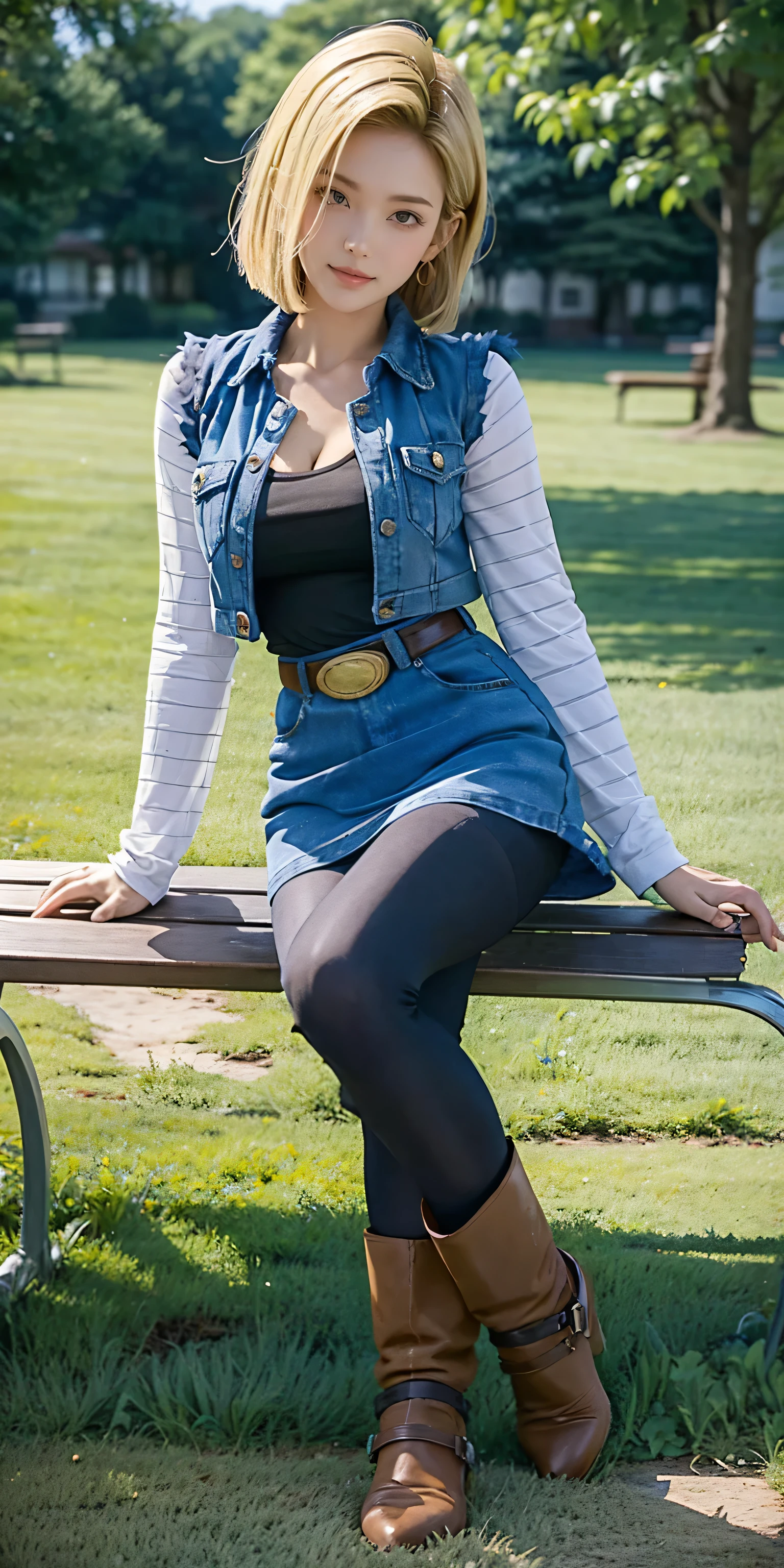 Android 18, Light Blonde hair, Medium Bob hair, Blue eyes, Wearing earrings, Long sleeves, Light blue denim mini skirt, Light blue mini denim vest, Black T-shirt with high cleavage, Large breasts, Belt, Dark brown see-through pantyhose, Western short boots, Looking at viewer, Slight smiling with closed lips sitting, On bench, She raised her right leg and gently placed the heel of her right boot on another very low bench in front of her, Blue sky, sit on a bench, outside, park, grass, Summer, trees, blue sky, high quality, masterpiece,