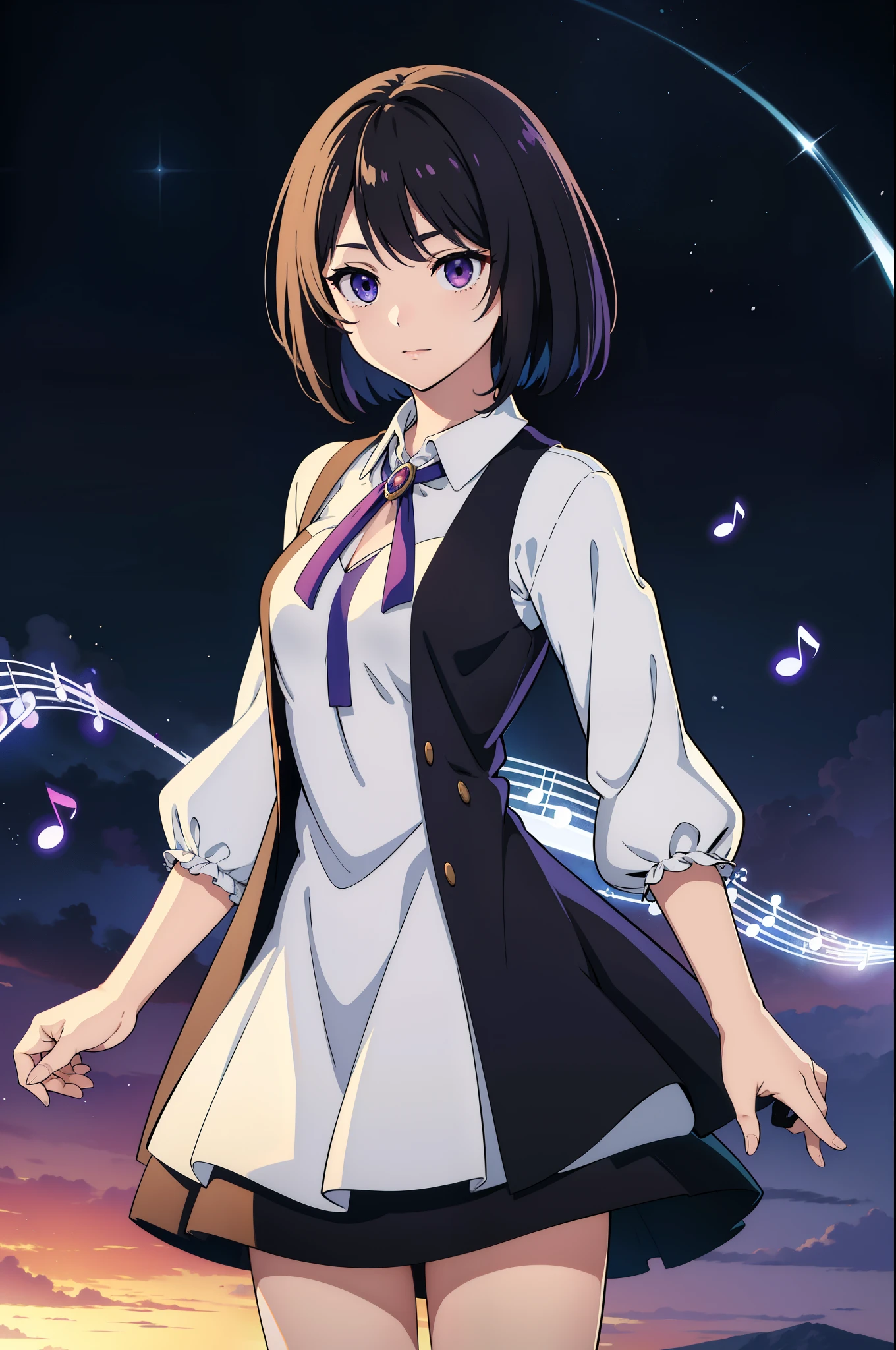 (high-quality, breathtaking),(expressive eyes, perfect face) 1female, girl , solo, teenager, asian woman hairstyle, short hair length, soft wave, black hair color, Heterochromia left eye blue and right eye purple, short white dress, black long sleeved cardigan, blue and purple background, music, gentle smile, swirls in background, music notes background, beautiful background, clothes similar to Yuri Kozukata Fatal Frame, symmetrical eyes
