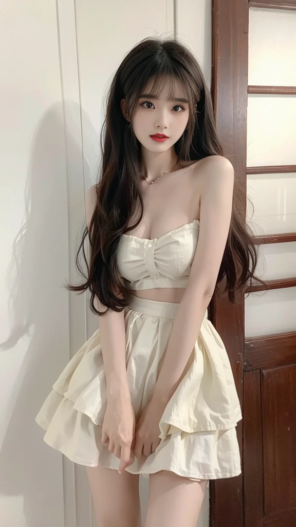 Best ratio of four fingers and one thumb when wearing a powder puff _skirt, beauty, beauty的女人， Have a perfect figure ：1.4，layered hairstyle，((Big )), ((D cup)),  visible cleavage ， Bare Shoulders , Highly Detailsed face and skin texture，Double eyelids，Whitening，Long hair，Whitening长腿， random background , Fashion Girl, Red lips, Sweet girl, beauty的妆容, Details, Realistic, Very Detailsed, amazing, beauty的,  Young and vibrant ,  high quality ，HD,  colorful ，beautifully,  smooth skin, skirt很短, Lifting the skirt with hands, Elegant and charming posture,  Official Art , Extremely Detailsed, Movie atmosphere, Soft Colors , Natural skin,