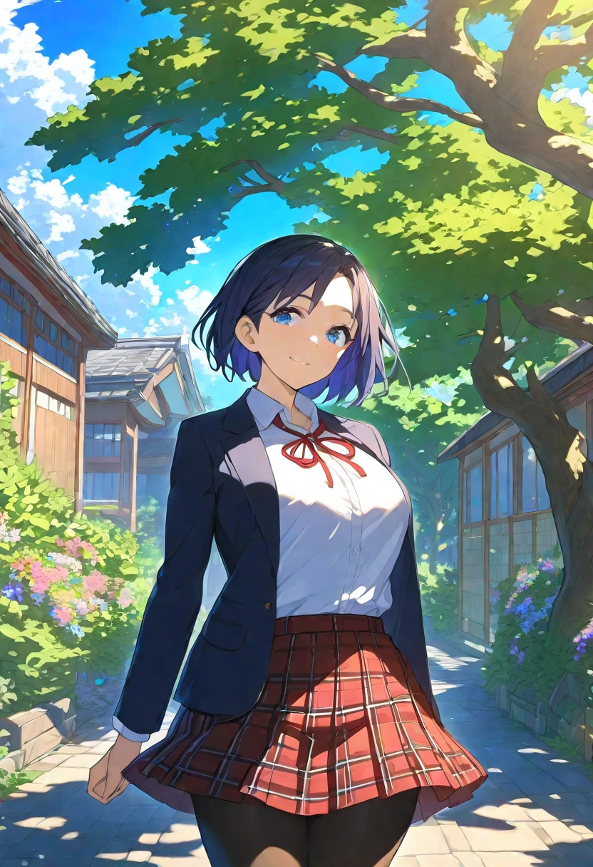 Nsfw, Masterpiece, hdr, bloom, 4k, Anime-style illustration featuring a beautiful female student with dark blue short hair, the fujoshi, 17age, Small in stature, large breast, She is wearing a formal school uniform consisting of a black blazer, white shirt, red neck ribbon, red plaid skirt, and black pantyhose. The student stands gracefully. The background is a serene school courtyard during a sunny day, with trees, a blue sky, and soft sunlight filtering through, creating a peaceful and bright atmosphere. The style is detailed and vibrant, evoking a classic anime scene, cowboy shot, looking at viewer, smiling 