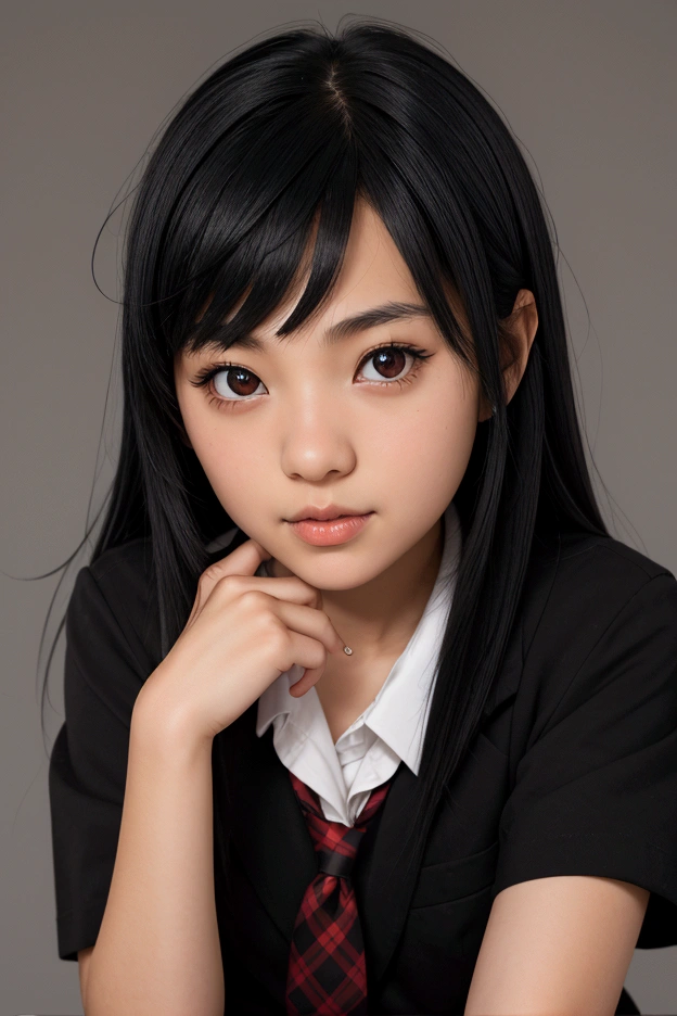 1 small,  black hair,  schoolgirl, sitting