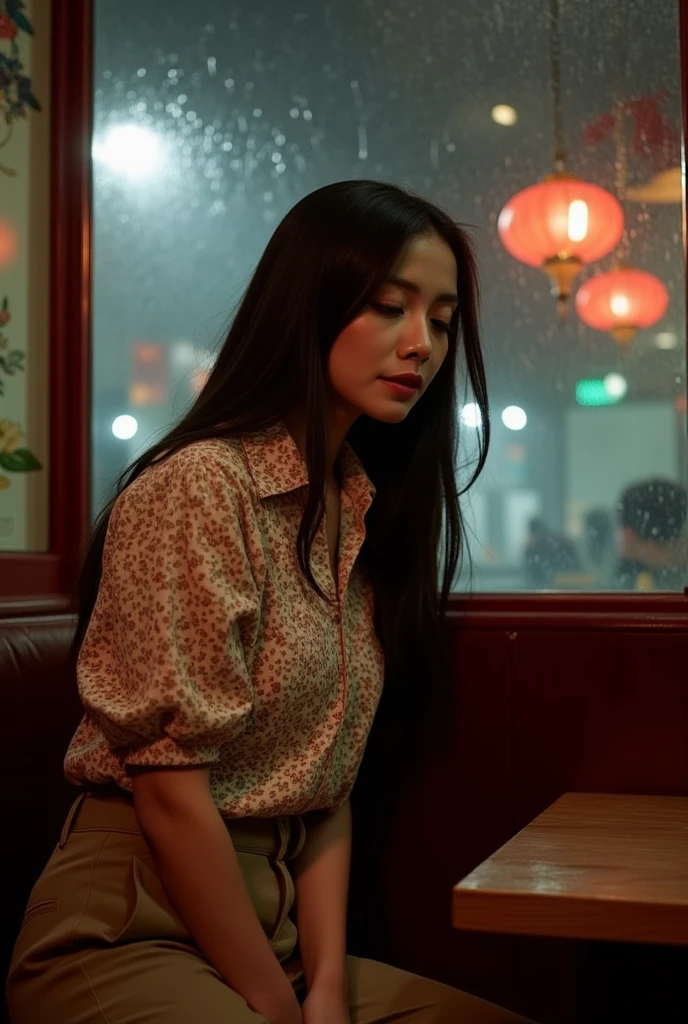 Professional photography, Wong Kar Wai movie lighting style, a charming sorrow Oriental beauty wearing vintage blouse and vintage khaki pants, she has messy long straight hair, she looking down, sitting lean back in corner of restaurant, window with raindrop, set in 80s Hongkong , bokeh