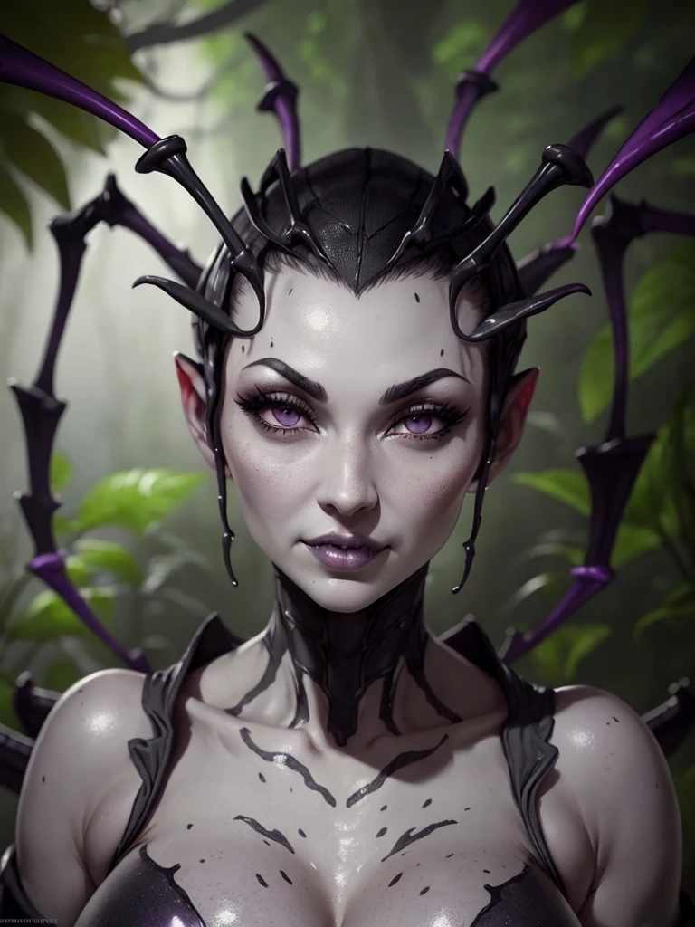 (very detailed), elise, (((grey skin))), big lips, (30 years old), (grey eyes), jungle background, large boobs, (black short hair), (purple slime), ((spiderlegs on back)), ((fangs)), 