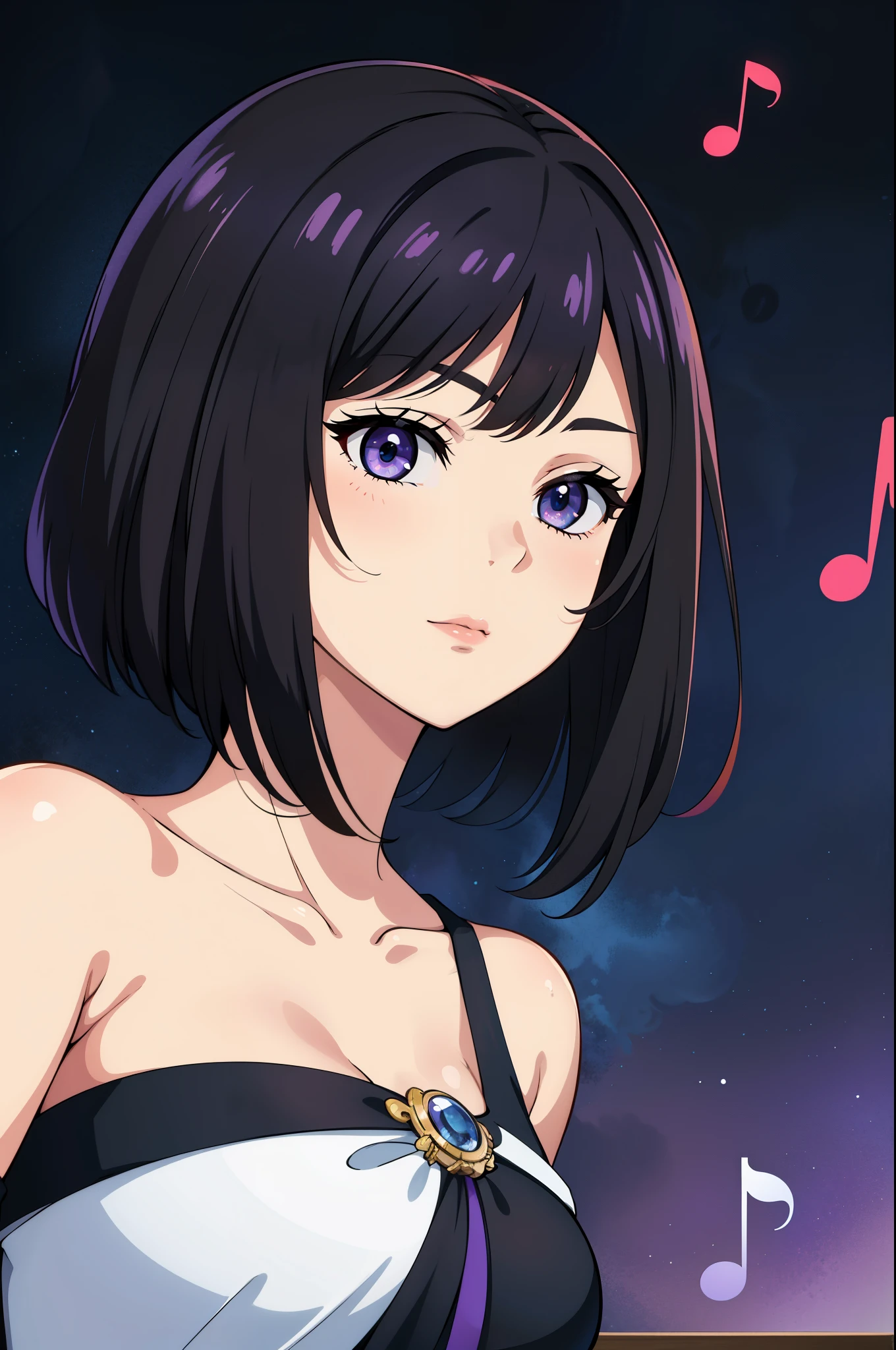 (high-quality, breathtaking),(expressive eyes, perfect face) 1female, girl , solo, teenager, asian woman hairstyle, short hair length, soft wave, black hair color, Heterochromia left eye blue and right eye purple, blue and purple background, music, gentle smile, swirls in background, music notes background, beautiful background, clothes similar to Yuri Kozukata Fatal Frame, symmetrical eyes
