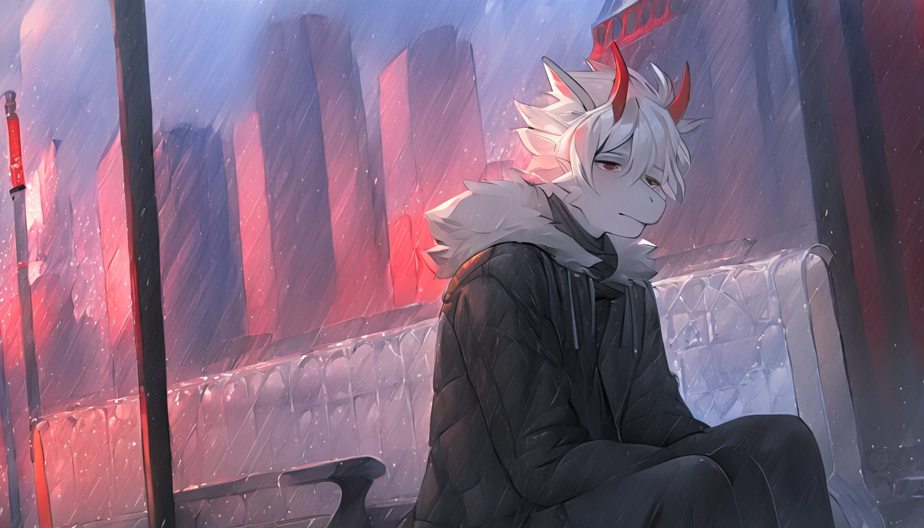 Skinny Red Horned Fluffy White Dragon Femboy Wearing Winter Outfit All White Wings White Cool White Hair City Place Rain Fairy Wings Handsome Hairstyle Sad Handsome Face Sitting at Bus Stop 16k Picture Handsome Looking Dragon Very Cool