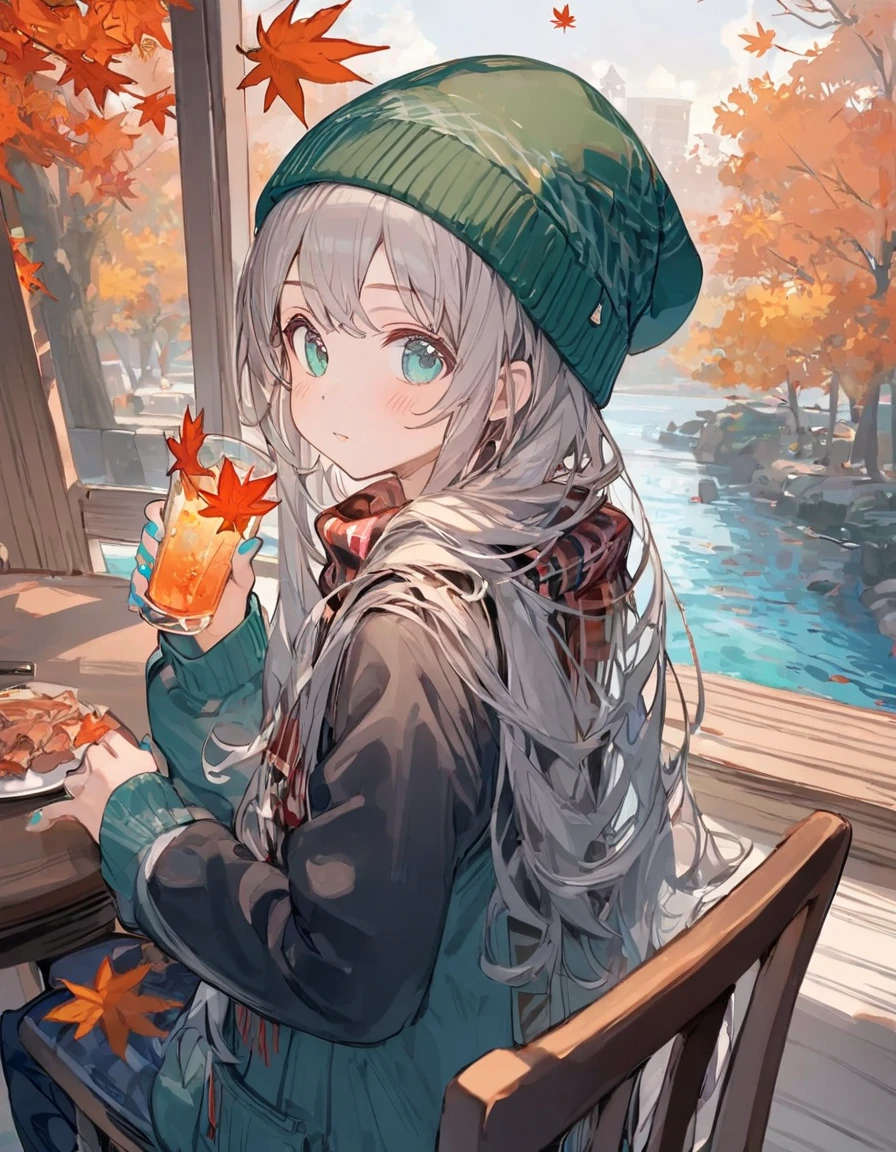 masterpiece,best quality,high quality,(colorful),loli,1girl,cup,solo,holding,looking at viewer,autumn,plaid headwear,holding cup,autumn leaves,green eyes,hat,nail polish,closed mouth,long sleeves,blush,fish,sweater,indoors,pom pom \(clothes\),plaid,looking back,sitting,green nails,drinking glass,green headwear,upper body,aqua nails,long hair,window,tree,food,grey hair,maple leaf,table,chair,day,blue nails,beanie,blonde hair,water,aqua eyes,plaid scarf,Dsmile