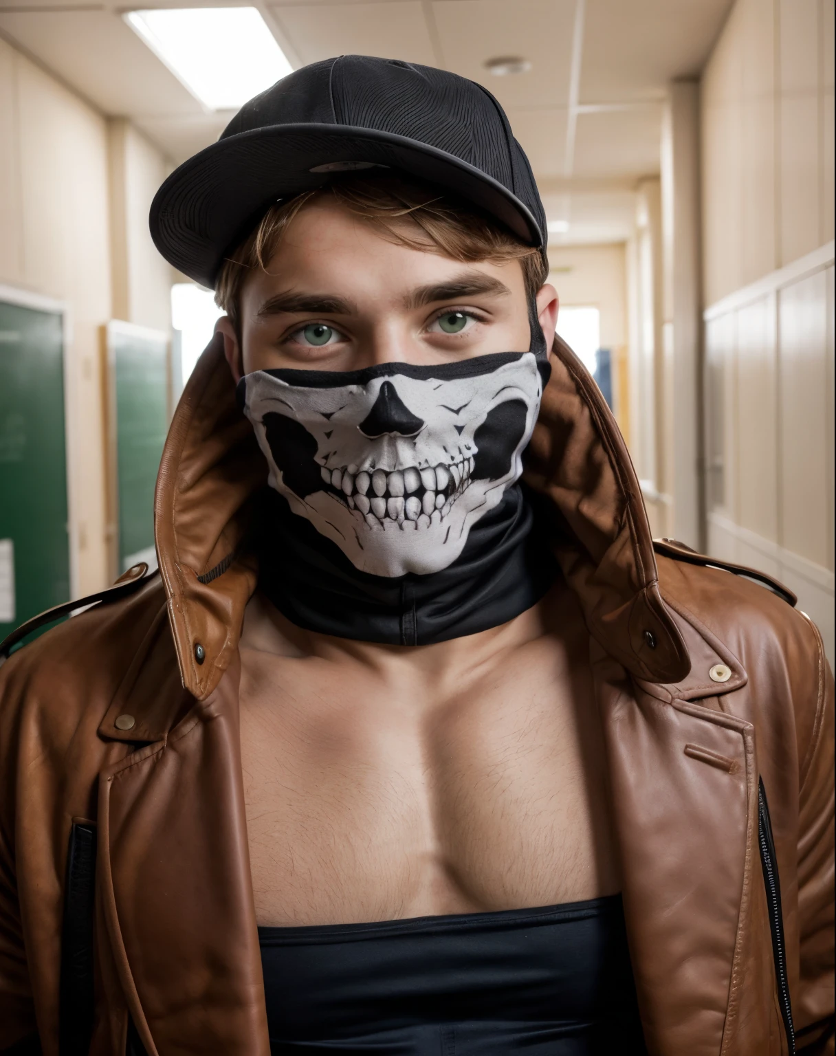 masterpiece,  best quality , Young woman wearing a skull mask,  baseball cap ,  leather jacket, in a school hallway, intricate detail, Atmospheric, dramatic, handsome male with brown hair, looking at the viewer, beautiful face, attractive face, Model face, male face, detailed eyes, light green eyes, muscle body, hairy body, hyper detailed, realistic, photorealistic, 8k, high quality, studio lighting, detailed male body