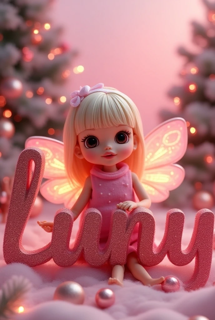 A peculiar fairy named Nora, who has light green hair and colorful wings. She sits gracefully on the intricately designed 3D letters 'KAPUYUOK' in gold and maroon.. Surrounding her are floating hearts, and she holds a delicate golden wand. The background is a calming maroon color, and there's a beautiful rose at her feet. The entire scene is illuminated by tiny glowing orbs, adds a touch of magic.