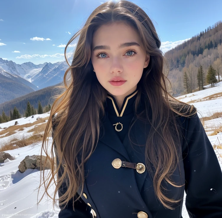 Pretty woman,cute,huge natural breasts, blonde hair curly/flowing, detailed dark BLUE eyes and face, not to skinny, make it ultra-realistic, western european girl, in the snow in the mountains, military uniform (modern military clothing elelments), extremely detailed blue eyes, extremely long wavy blonde hair.