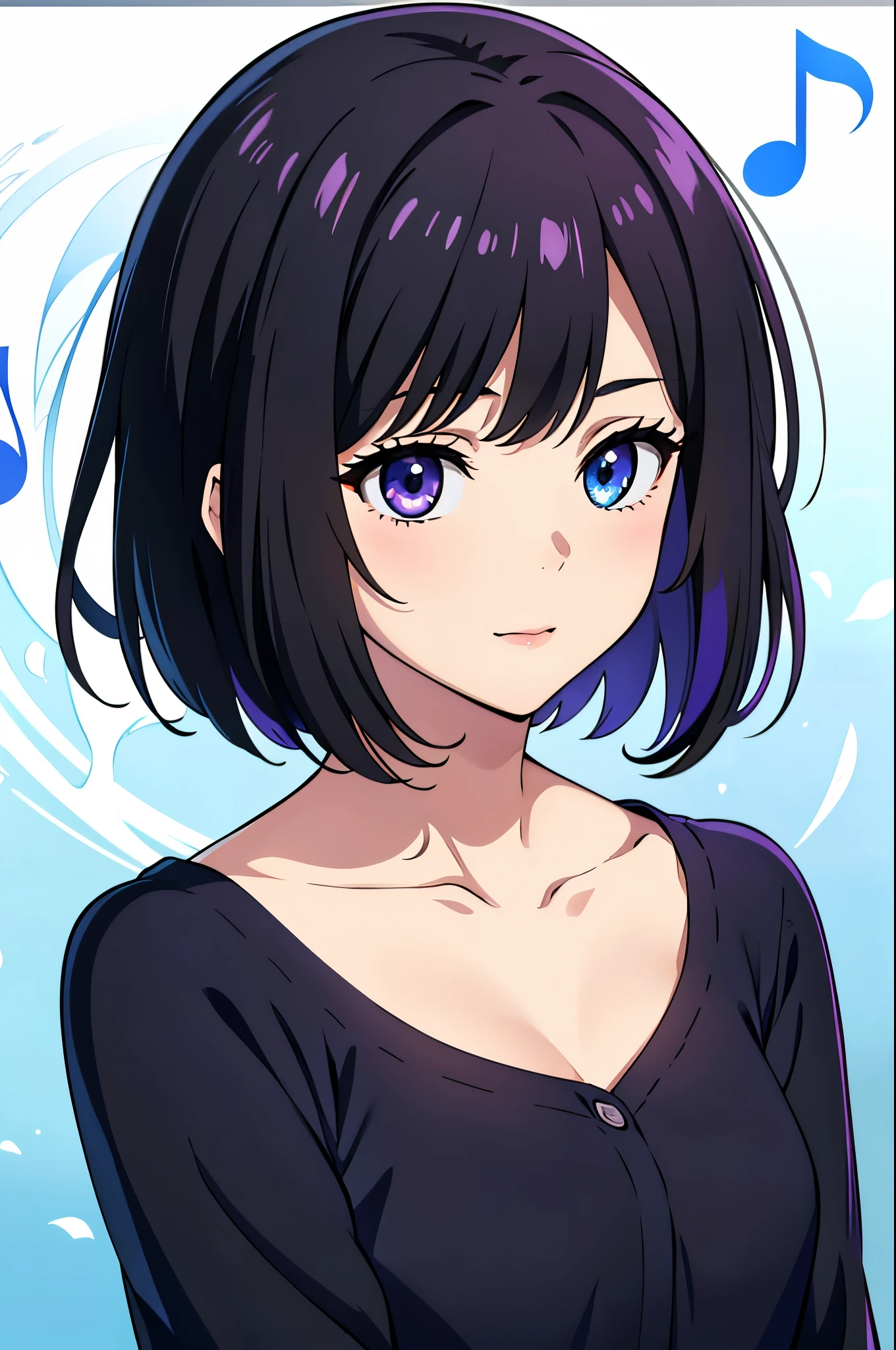 (high-quality, breathtaking),(expressive eyes, perfect face) 1female, girl , solo, teenager, asian woman hairstyle, short hair length, soft wave, black hair color, Heterochromia left eye blue and right eye purple, short white dress, black long sleeved cardigan, blue and purple background, music, gentle smile, swirls in background, music notes background, beautiful background, symmetrical eyes