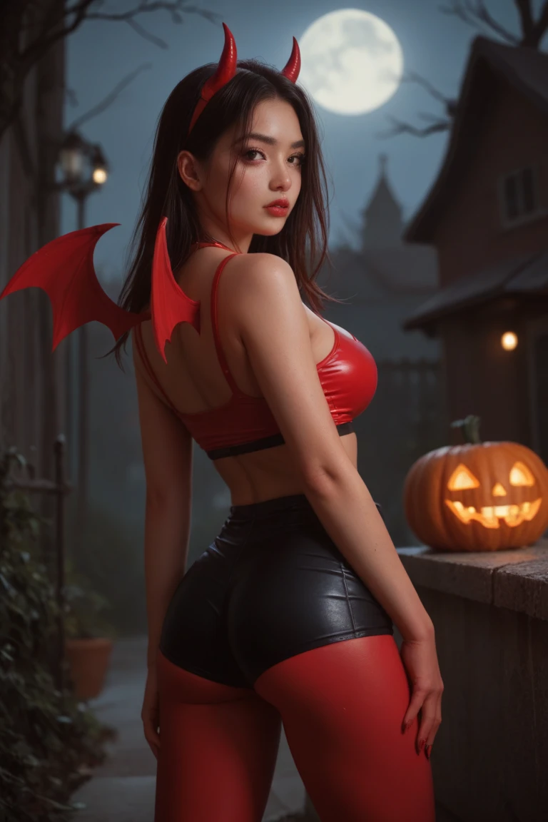 Korean teen dressed slutty for Halloween wearing a slutty  red devil costume with spandex booty shorts that show off her sexy round ass and her big tits and cleavage 