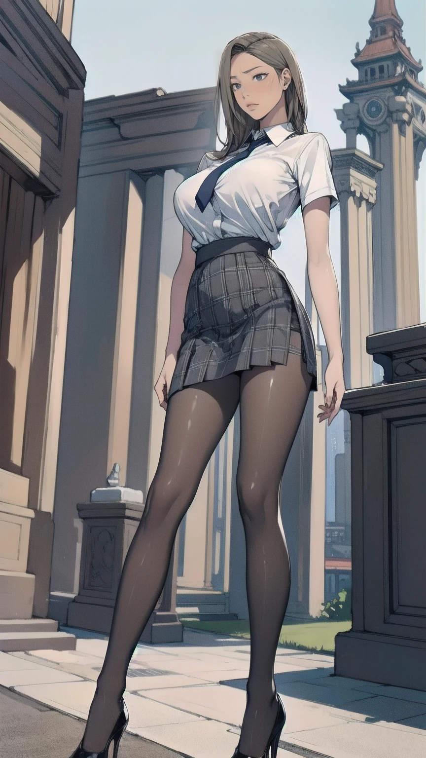 masterpiece, Best Quality,  Hi-Res,  big breasts at the temple,  thin waist, Long legs, Thin legs, Business shirts, Roll up your sleeves, tie,  plaid skirt,  fishnet tights, Sandals,  high heels, Earrings