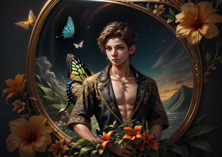  a masterpiece of the highest quality ,  official art , beautiful, aesthetic,  1 boy ,  very detailed ,  fractal art ,Colorful Aloha 、 most detailed ,  background with fractals and details of various flowers and tropical butterflies、