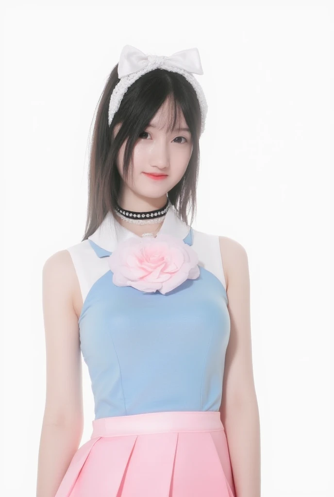 a young woman stands against a stark white backdrop. She is dressed in a light blue sleeveless dress with a pink skirt. The skirt is adorned with a light pink flower, adding a touch of color to the scene. The woman's hair is styled in a sleek bob, with a white bow at the top of her head. She has a black choker around her neck. Her hair is pulled back in a ponytail, and she is wearing a white headband.