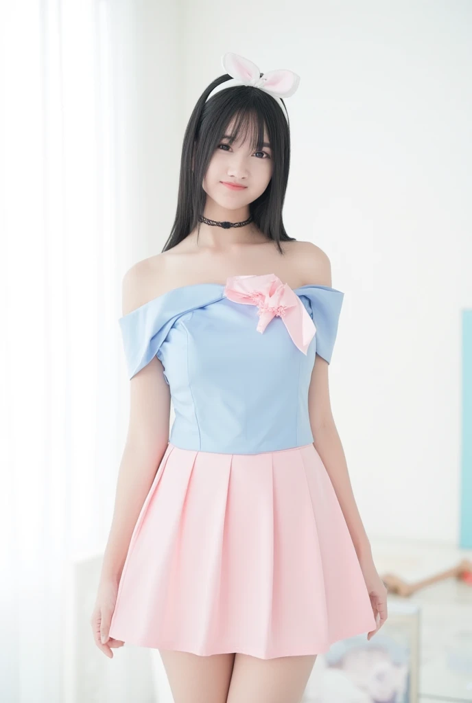 a young woman stands against a stark white backdrop. She is dressed in a light blue sleeveless dress with a pink skirt. The skirt is adorned with a light pink flower, adding a touch of color to the scene. The woman's hair is styled in a sleek bob, with a white bow at the top of her head. She has a black choker around her neck. Her hair is pulled back in a ponytail, and she is wearing a white headband.