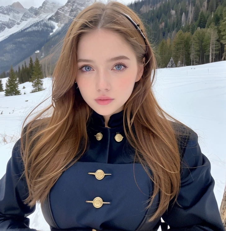 Pretty woman,cute,huge natural breasts, blonde hair curly/flowing, detailed dark BLUE eyes and face, not to skinny, make it ultra-realistic, western european girl, in the snow in the mountains, military uniform (modern military clothing elelments), extremely detailed blue eyes, extremely long wavy blonde hair.