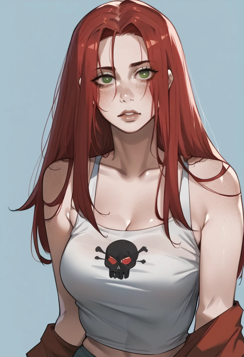 there is a drawing of a woman with red hair and a blue background, a character portrait inspired by Rei Kamoi, deviantart contest winner, digital art, red hair girl, she has red hair, red haired girl, with red hair and green eyes, with red hair, red head, crimson red hair and red eyes, red hair and freckles, halfbody portrait