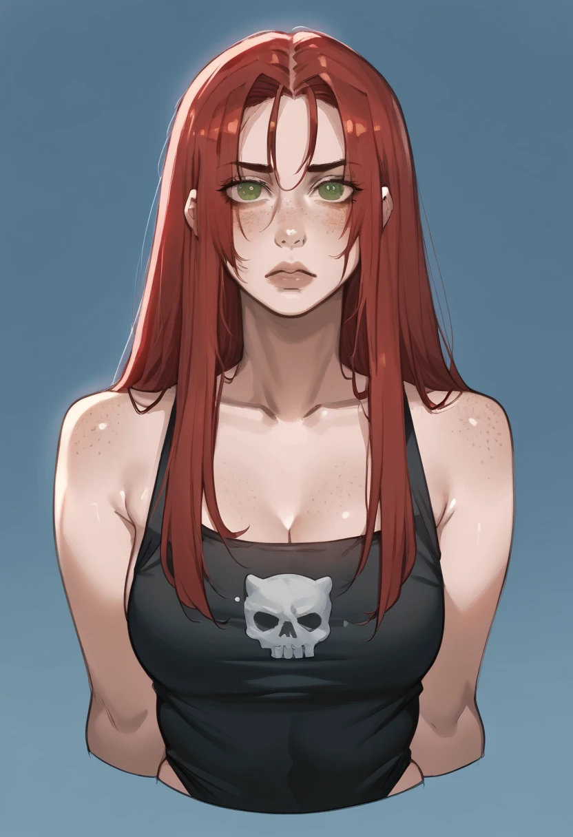 there is a drawing of a woman with red hair and a blue background, a character portrait inspired by Rei Kamoi, deviantart contest winner, digital art, red hair girl, she has red hair, red haired girl, with red hair and green eyes, with red hair, red head, crimson red hair and red eyes, red hair and freckles, halfbody portrait