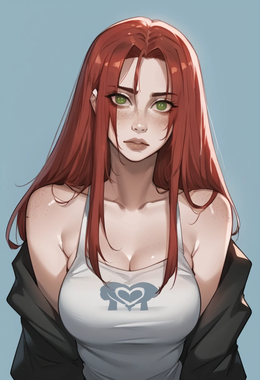 there is a drawing of a woman with red hair and a blue background, a character portrait inspired by Rei Kamoi, deviantart contest winner, digital art, red hair girl, she has red hair, red haired girl, with red hair and green eyes, with red hair, red head, crimson red hair and red eyes, red hair and freckles, halfbody portrait