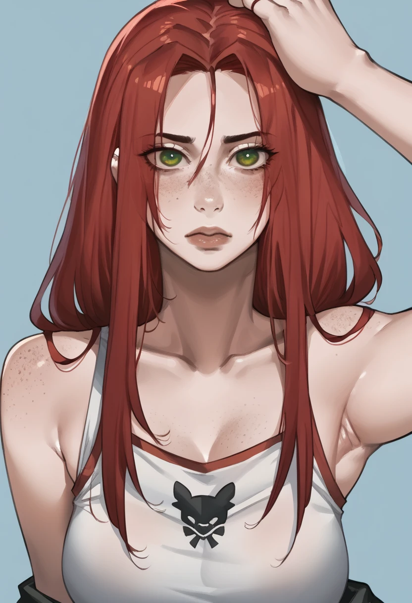 there is a drawing of a woman with red hair and a blue background, a character portrait inspired by Rei Kamoi, deviantart contest winner, digital art, red hair girl, she has red hair, red haired girl, with red hair and green eyes, with red hair, red head, crimson red hair and red eyes, red hair and freckles, halfbody portrait