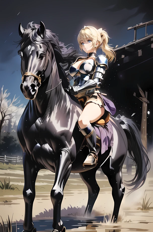  ((best quality)), ((anime masterpiece)), (high detailed), 8k, cinematic lighting, perfect face, large breast, cleavage, (((female knight riding on a BLACK HORSE)), (pony tail, {blonde hair}, purple eyes), (breastplate, shoulder pads, miniskirt, bare legs, greaves, white boots)), BREAK, (black horse, saddle, reins, bridle), solo, (in the river, woods, medieval settings:1.2), outdoor, both hand holding rein, from side: 1.2, anatomically correct 