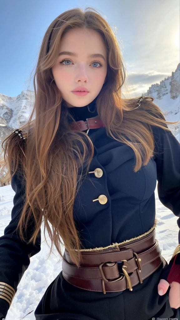 Pretty woman,cute,huge natural breasts, blonde hair curly/flowing, detailed dark BLUE eyes and face, not to skinny, make it ultra-realistic, western european girl, in the snow in the mountains, military uniform (modern military clothing elelments), extremely detailed blue eyes, extremely long wavy blonde hair.