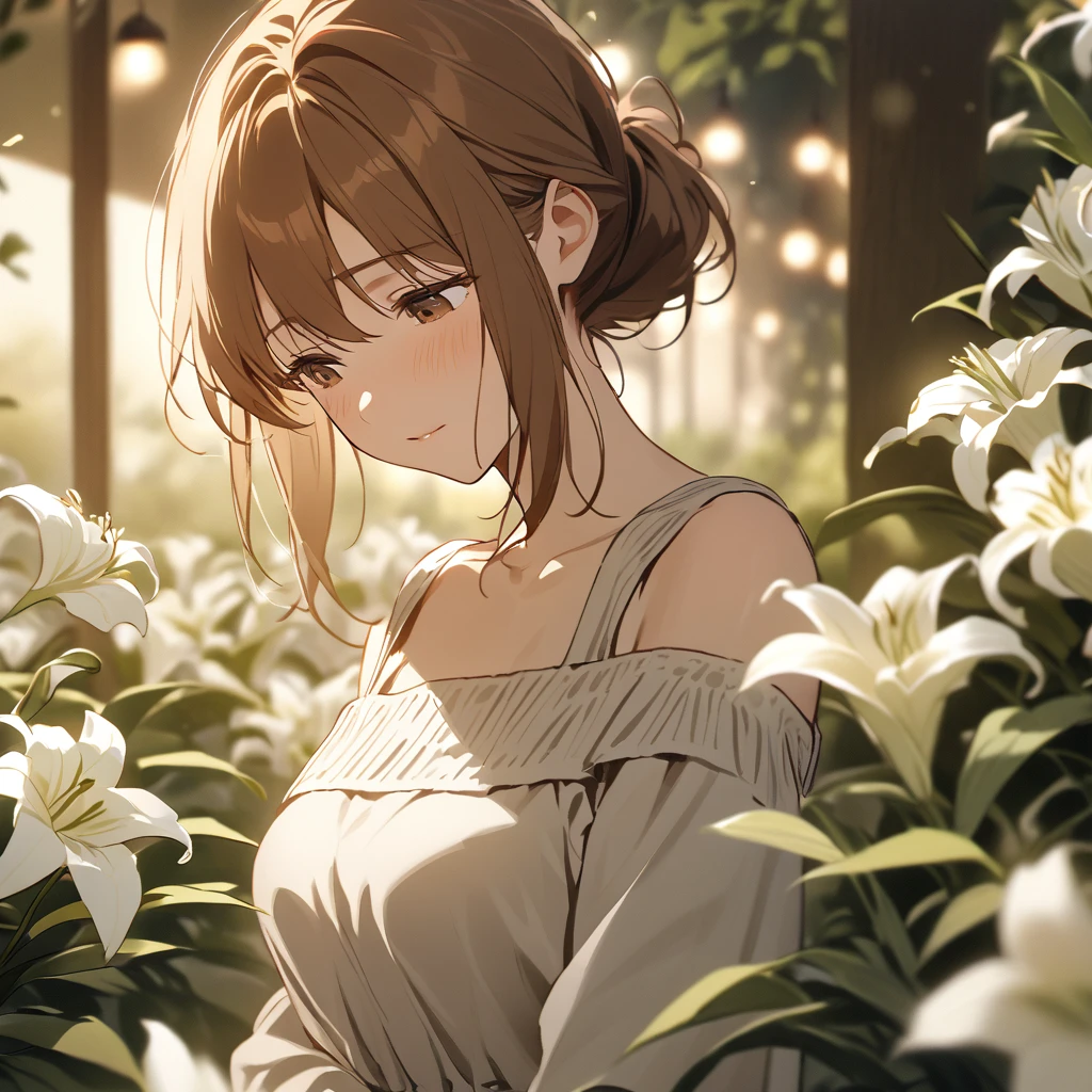 a young woman with long brown hair, wearing a grey, off-the-shoulder top. She is standing in a garden filled with white lilies. The background is blurred, but you can see trees and lights in the distance. The woman is looking down, and her expression is serene. The overall tone of the image is soft and romantic